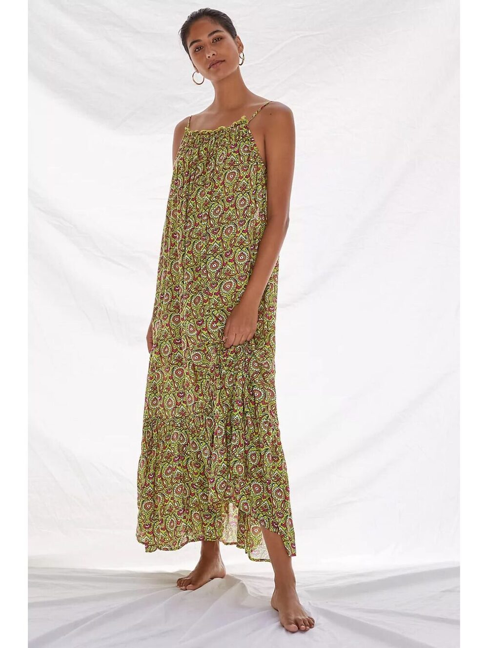 By Anthropologie Flounced Maxi Lounge Dress Citron Paisley Modal M Boho